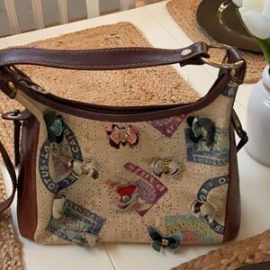 MERINO ORLANDI ARTISTIC FLORAL ALL LEATHER PURSE BAG SATCHEL PERFORATED BROWN